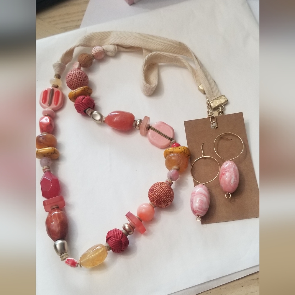 Chicos pink long necklace and earrings set